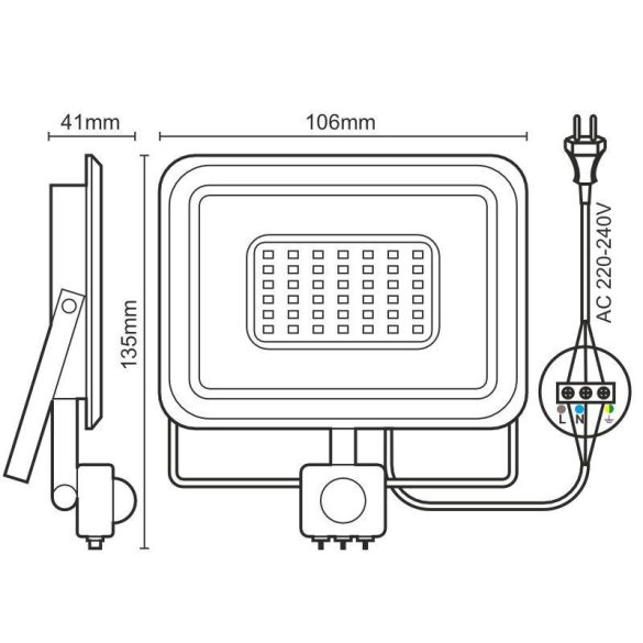 Nedes Led Reflektor 10W 4000K IP65 Fekete Mozgásérzékelővel